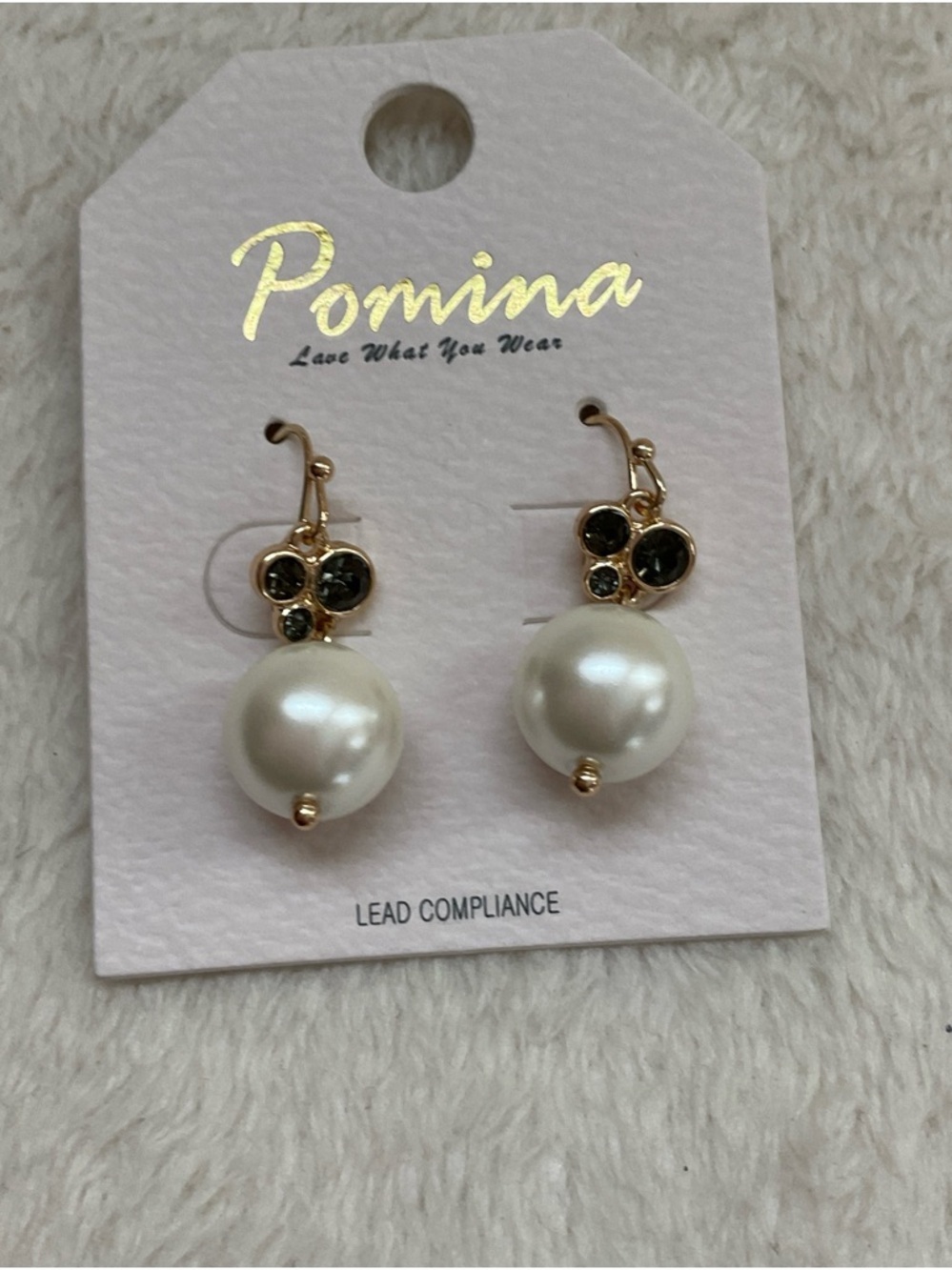 Pomina Gold Pearl Drop Earrings with Crystal Accents - White